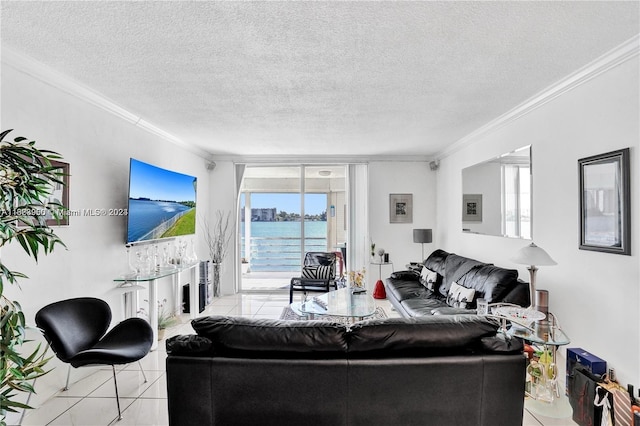 tiled living room with floor to ceiling windows, crown molding, and a textured ceiling