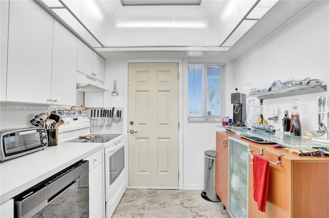 kitchen with white cabinets, electric range, and wine cooler