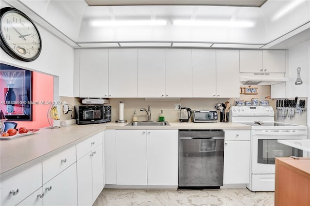 kitchen with white electric range oven, white cabinets, stainless steel dishwasher, and sink