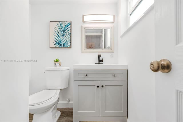 bathroom with vanity, hardwood / wood-style floors, and toilet