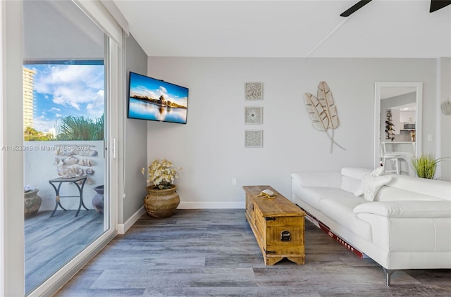 living room featuring hardwood / wood-style flooring and ceiling fan