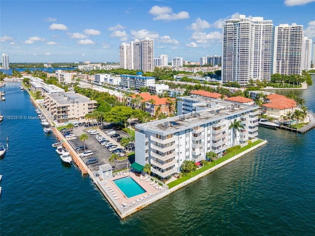 drone / aerial view featuring a water view