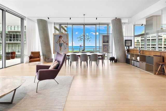 dining space featuring light hardwood / wood-style floors, an inviting chandelier, and floor to ceiling windows