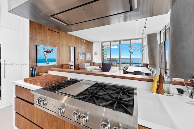 kitchen featuring wooden walls and cooktop