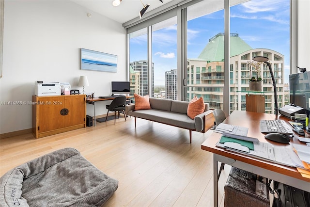 living room with floor to ceiling windows, light hardwood / wood-style flooring, and plenty of natural light