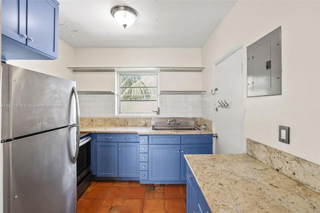 1310 15th St, Miami Beach, FL 33139 - kitchen with appliances with stainless steel finishes, electric panel, blue cabinets, a sink, and backsplash