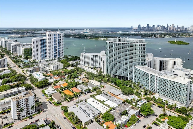 bird's eye view with a water view