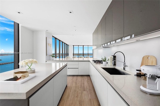 kitchen with sink, light hardwood / wood-style flooring, a water view, light stone countertops, and white cabinets