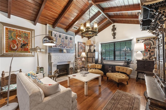 living room featuring lofted ceiling with beams, an inviting chandelier, hardwood / wood-style flooring, and a fireplace