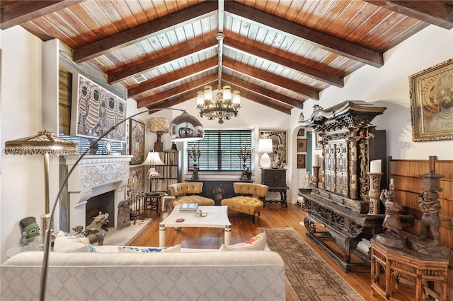 dining space with an inviting chandelier, wood-type flooring, vaulted ceiling with beams, and wooden ceiling