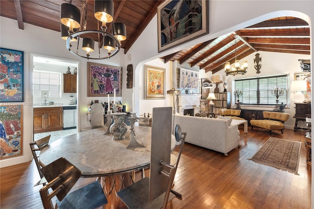 dining area featuring vaulted ceiling with beams, wood ceiling, bar, a chandelier, and dark wood-type flooring