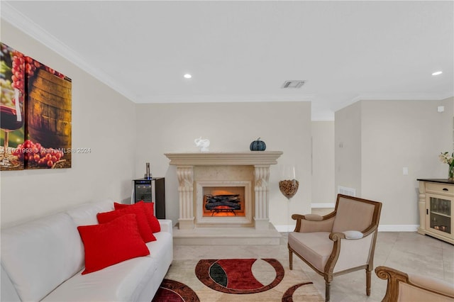 tiled living room with a fireplace and crown molding