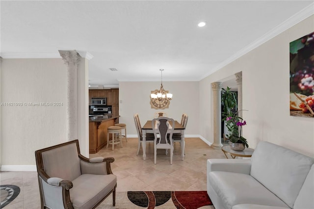 living room with an inviting chandelier, ornamental molding, and light tile patterned floors