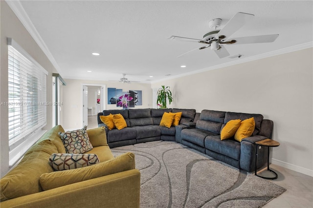 tiled living room featuring ornamental molding and ceiling fan