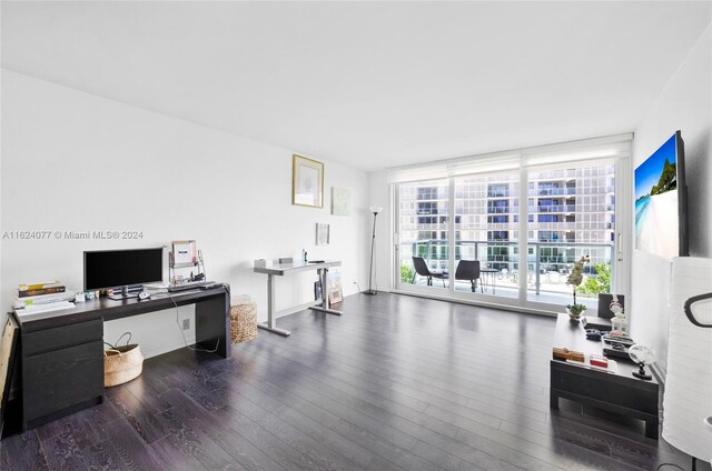 office with expansive windows and dark wood-type flooring