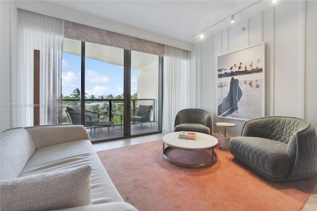 living room featuring rail lighting