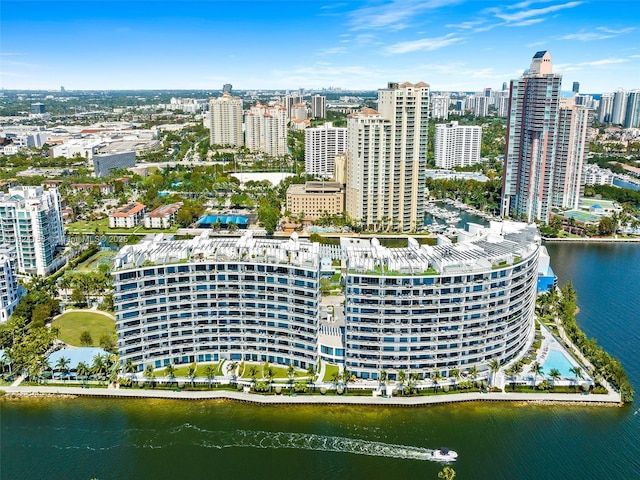 bird's eye view with a water view