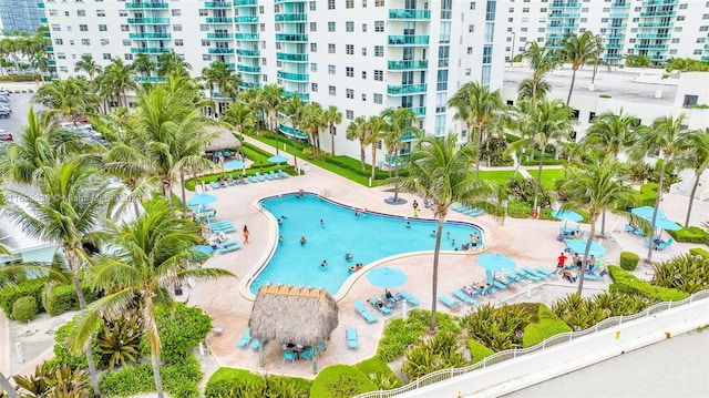 view of swimming pool with a patio