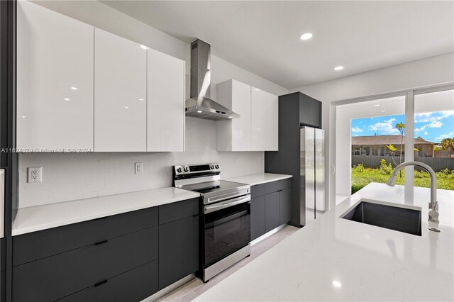 kitchen featuring white cabinetry, appliances with stainless steel finishes, sink, and wall chimney range hood