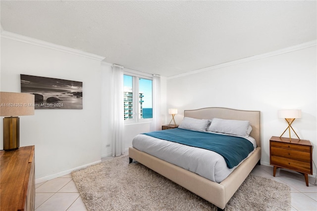 tiled bedroom with crown molding