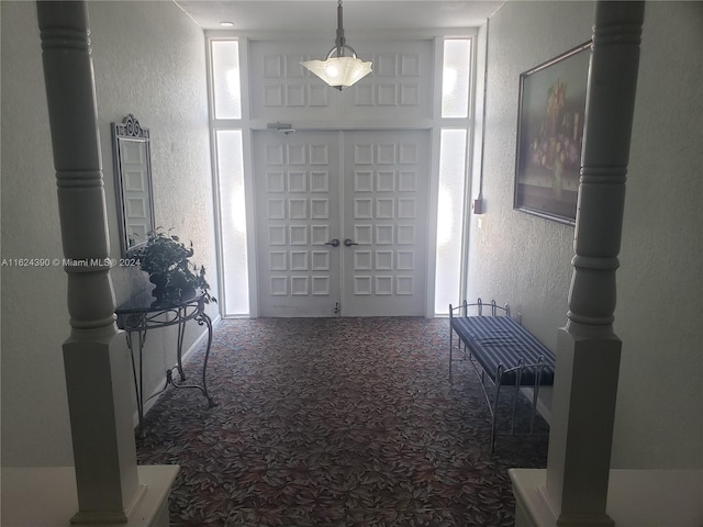 interior space with dark colored carpet