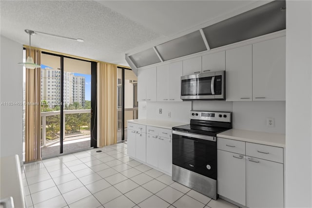 kitchen with white cabinetry, stainless steel appliances, hanging light fixtures, and expansive windows