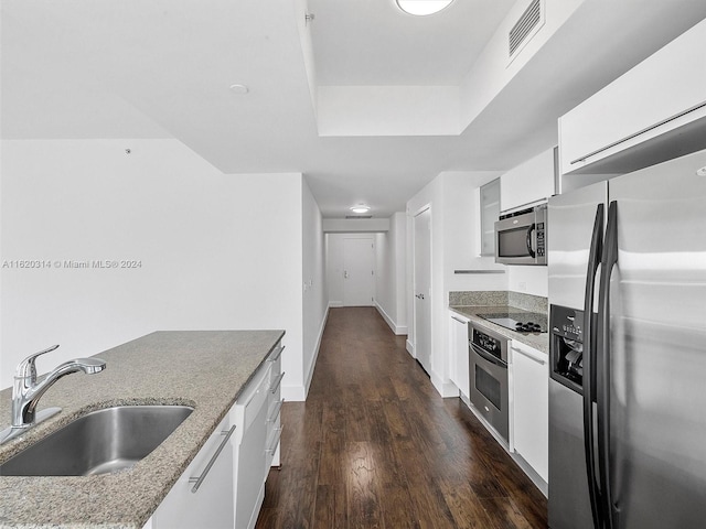 kitchen featuring appliances with stainless steel finishes, white cabinetry, sink, and dark hardwood / wood-style floors