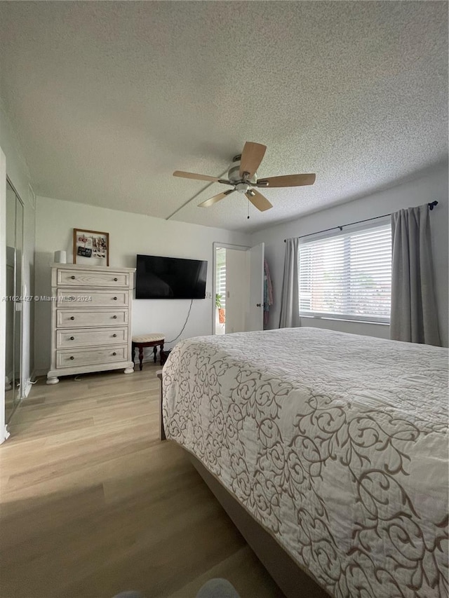 bedroom with multiple windows, light wood-type flooring, ceiling fan, and a textured ceiling