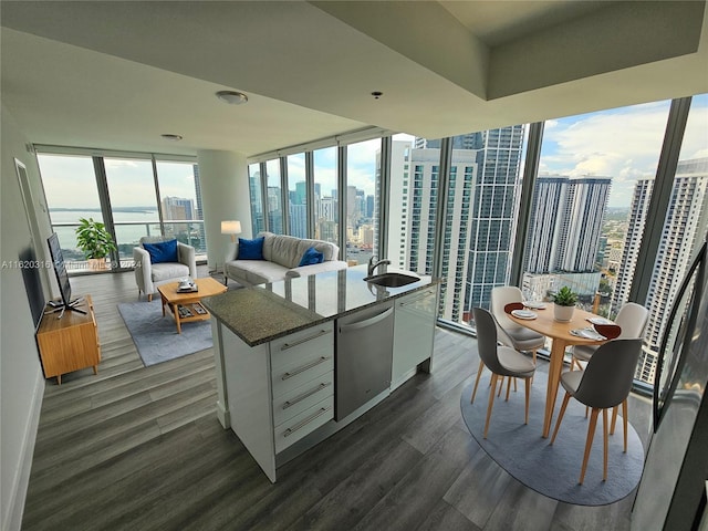 kitchen featuring dark stone countertops, white cabinetry, floor to ceiling windows, dark wood-type flooring, and stainless steel dishwasher