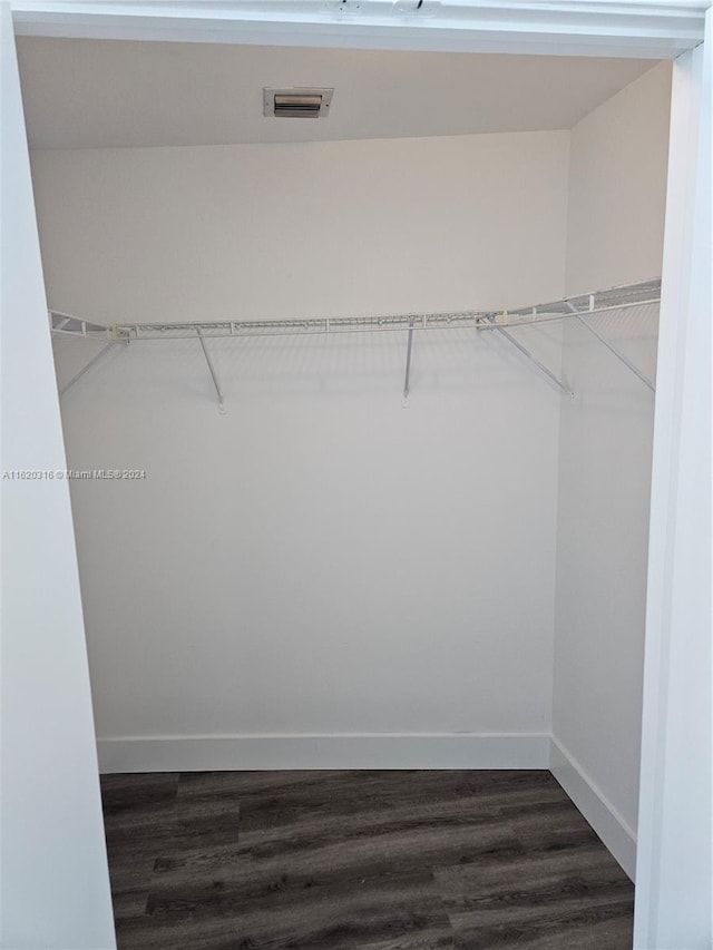 walk in closet with dark wood-type flooring