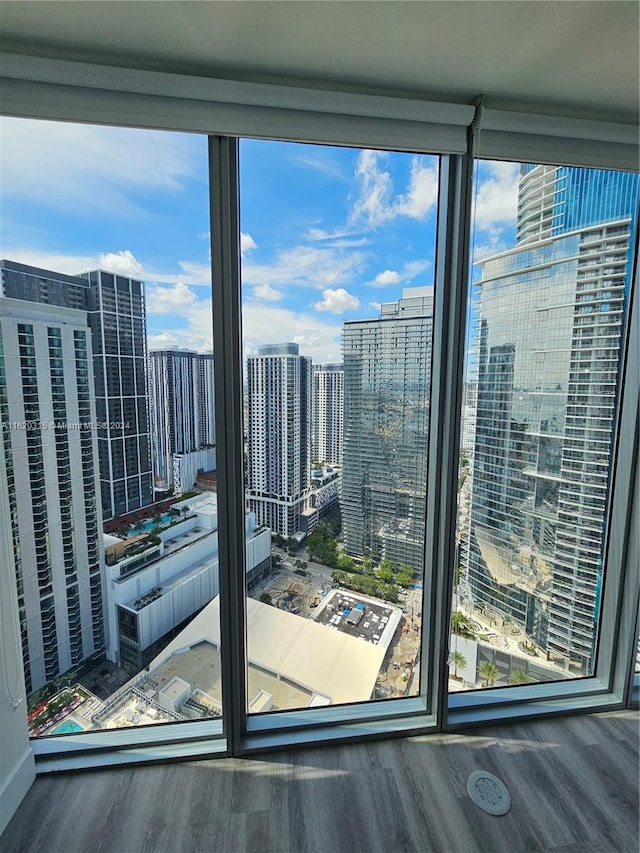 unfurnished room with hardwood / wood-style flooring, floor to ceiling windows, and a healthy amount of sunlight