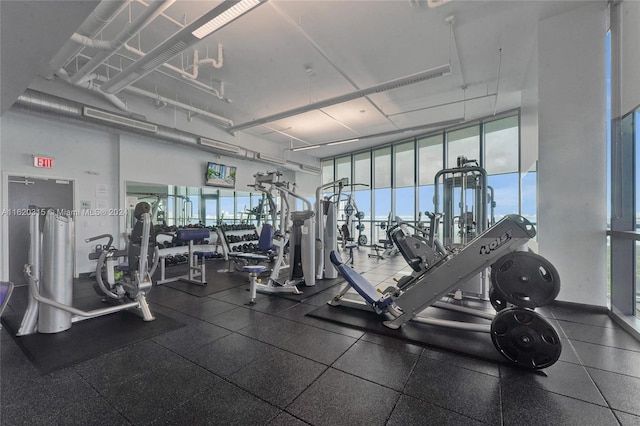 interior space featuring a wall of windows and hardwood / wood-style flooring