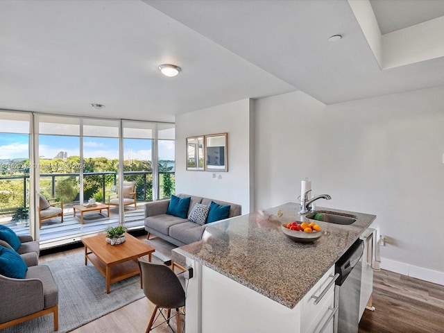 kitchen featuring wood-type flooring, sink, white cabinetry, a center island with sink, and stone countertops