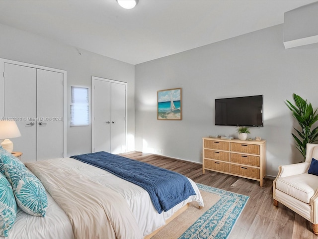 bedroom with multiple closets and hardwood / wood-style flooring