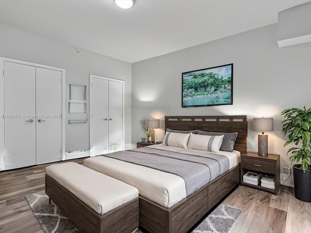 bedroom with hardwood / wood-style floors and multiple closets