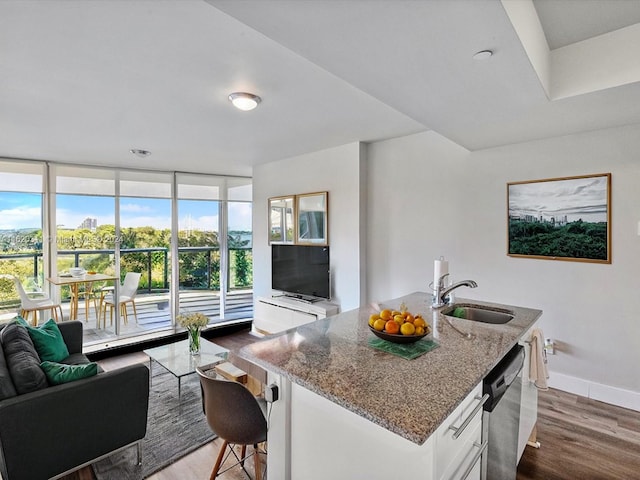 kitchen featuring white cabinetry, dark wood-type flooring, light stone counters, a kitchen island with sink, and sink