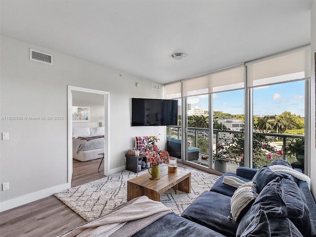 living room featuring floor to ceiling windows and light hardwood / wood-style flooring