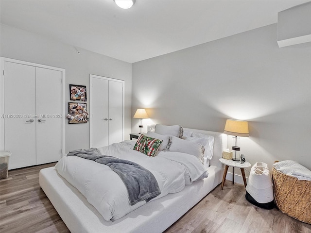 bedroom with multiple closets and wood-type flooring