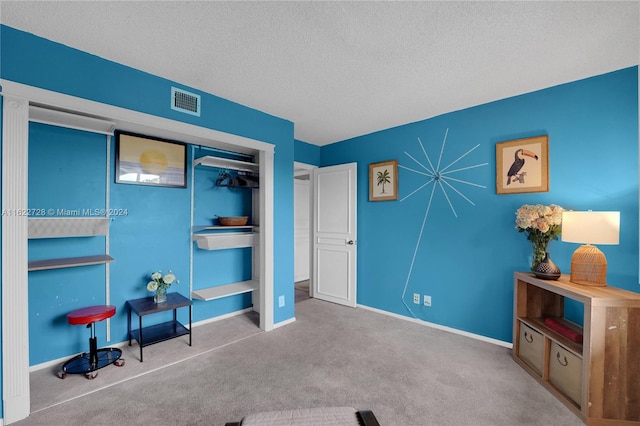 sitting room featuring carpet flooring and a textured ceiling