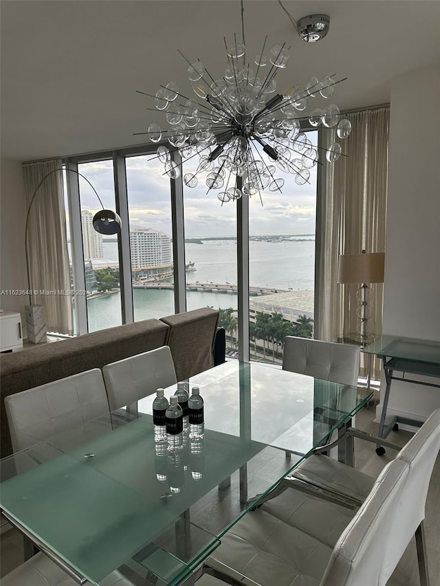 dining area featuring a water view and a chandelier