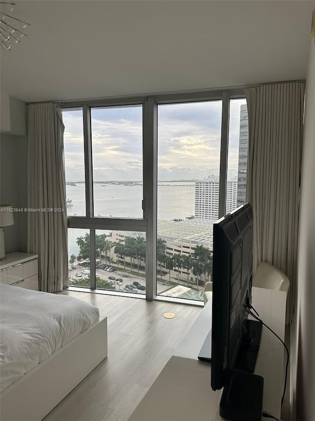 bedroom featuring multiple windows, floor to ceiling windows, and hardwood / wood-style floors