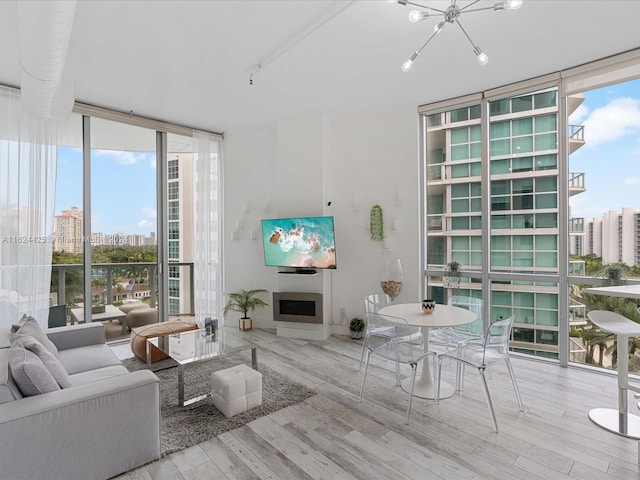 living room featuring a wall of windows, rail lighting, and light hardwood / wood-style floors