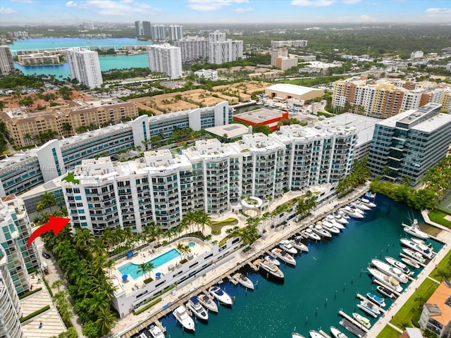 drone / aerial view featuring a water view