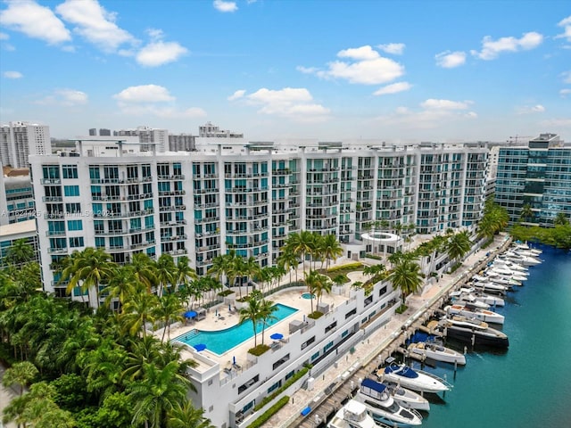 view of building exterior with a water view