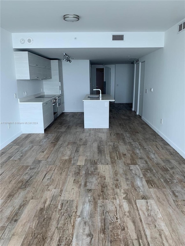 kitchen with wood-type flooring, wall oven, and sink
