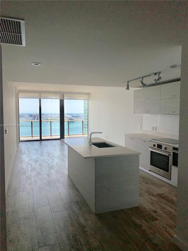 kitchen featuring sink, white cabinetry, a water view, stainless steel oven, and an island with sink