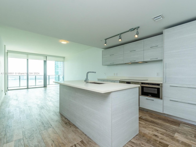 kitchen featuring sink, light hardwood / wood-style flooring, a wall of windows, oven, and a kitchen island with sink