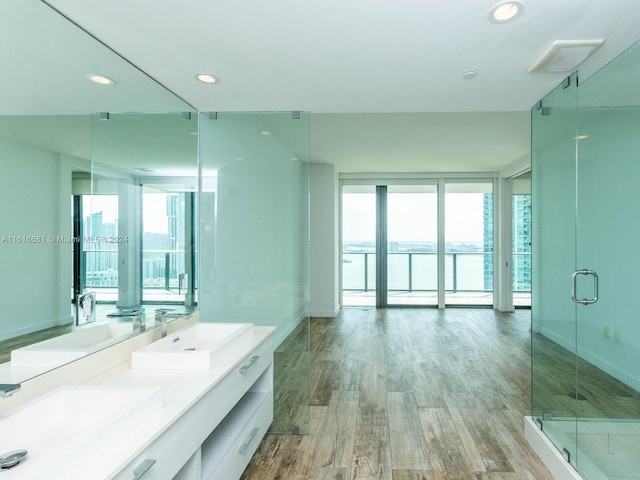 bathroom featuring vanity, hardwood / wood-style flooring, and walk in shower