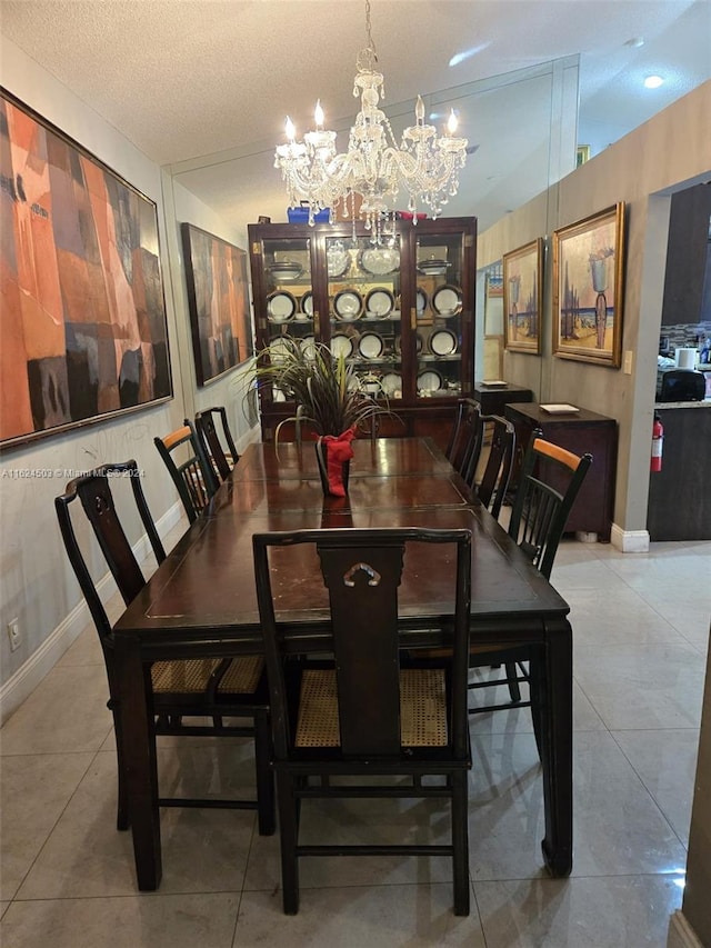 tiled dining space featuring a textured ceiling and a chandelier