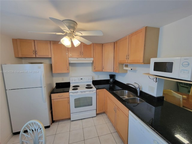 kitchen featuring light brown cabinetry, ceiling fan, sink, light tile patterned flooring, and white appliances